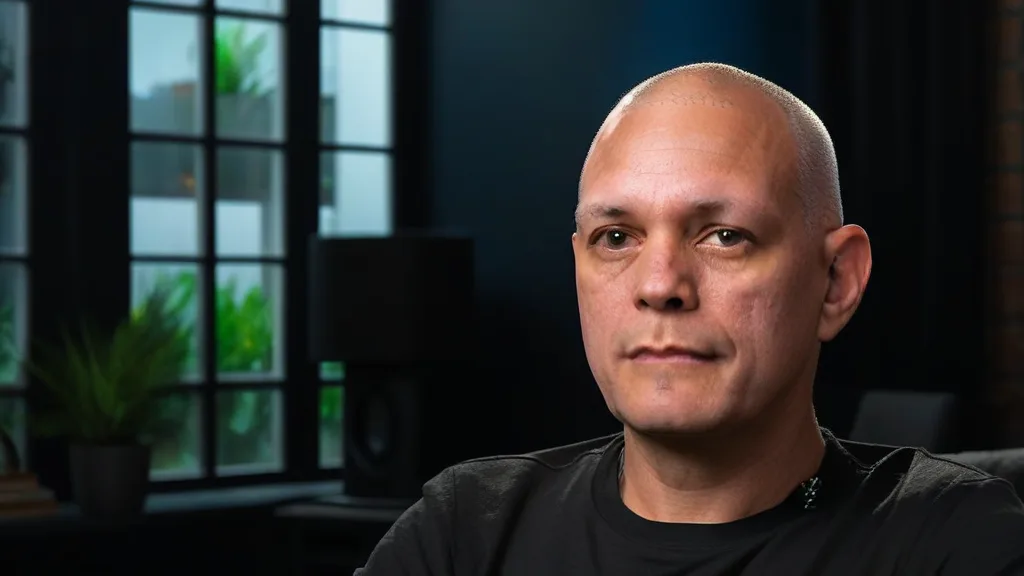 Eddie Offermann in a black T-shirt, in a dark room with tall windows and plants